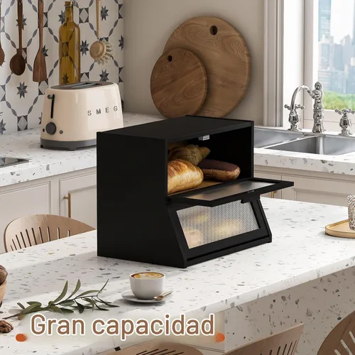 Vista 5 de GHWIE Panera de bambú de doble capa para encimera de cocina, contenedor de almacenamiento de pan de gran capacidad, recipiente para pan con panel