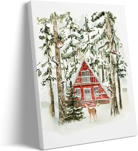 Vista 18 de Arte de pared de pueblo de invierno, encantadoras casas de pueblo cubiertas de nieve, escena nocturna acogedora, arte de pared, decoración navideña