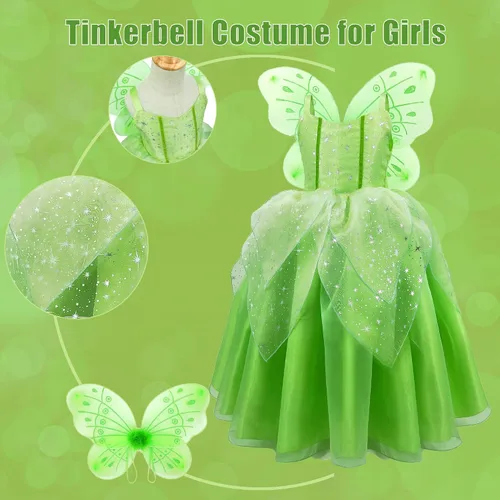 Vista 3 de Princess Tinker Bell Halloween Costume for Girls, Birthday Party Fairy Dress Up, Special Occasion Dress with Wings