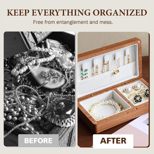 Vista 5 de LadyRosian Joyero pequeño de madera Mini joyero de viaje de madera, organizador portátil para anillos, aretes, collares y pulseras, almacenamiento