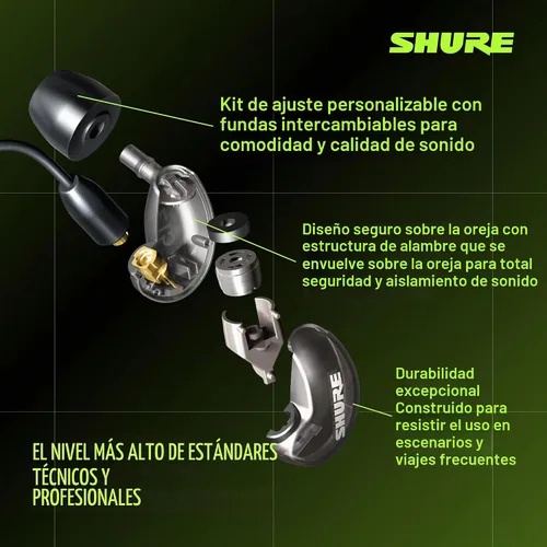 Vista 5 de Monitor SHURE SE215 Live Sound, Negro Professional in-ear monitors with deep bass, single dynamic driver, secure fit, detachable cable and