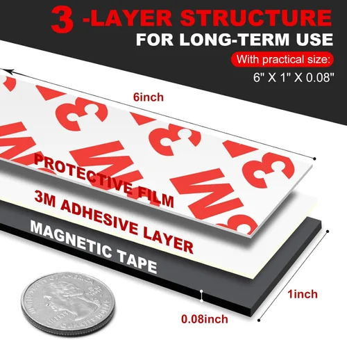 Vista 2 de Tira magnética, tiras magnéticas flexibles con parte trasera adhesiva (paquete de 10, 6 x 1 pulgadas), cinta magnética adhesiva fuerte para cocina