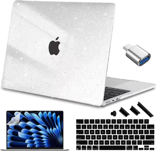 Vista 15 de Compatible con MacBook Air de 15 pulgadas M2 M3 versión 2023 2024, funda rígida de plástico, funda de teclado y protector de pantalla y adaptador