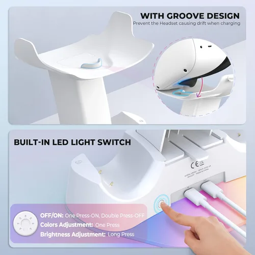 Vista 7 de Gamulus Base de carga RGB para Meta Quest 2, controlador de soporte con agarres, auriculares y controladores, soporte de estación de carga magnética