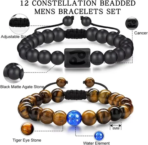Vista 3 de Pulseras del zodiaco para hombres y mujeres, hechas a mano de 0.315 in de ojo de tigre natural y piedra de ágata mate para hombre, pulseras