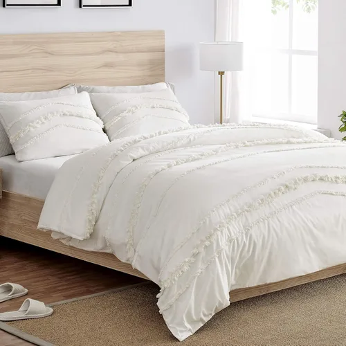 Vista 10 de Juego de ropa de cama de 2 piezas con borlas copetudas de macramé blanco y rosa bohemio, bohemio, elegante, tamaño individual/individual XL, funda