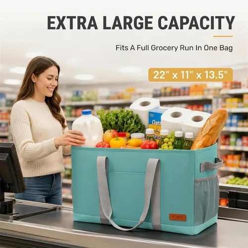 Vista 5 de WONDAY Portador de Bolsa de Compras Reutilizable Extra Grande de Pie con Asa, Treinta y Una Bolsa Utilitaria Plegable para Compras y Playa Verde