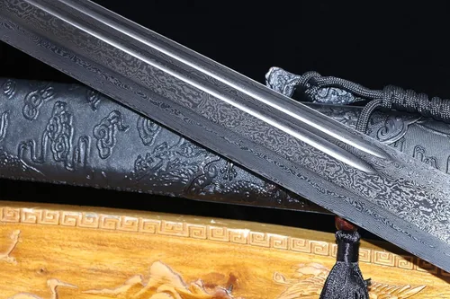 Vista 4 de Espada ancha,Espada dao de oro negro real,Hoja de Damasco forjada,Accesorios de aleación,Espiga completa,Kung fu