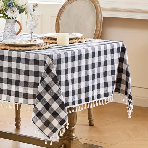Vista 20 de JIALE - Mantel cuadrado de lino de algodón de cuadros Gingham con borlas, lavable, sin arrugas, mantel a cuadros de búfalo para fiesta al aire Beige