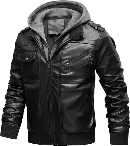 Vista 5 de INVACHI Men's Faux Leather Jacket, Motorcycle Bomber with Removable Hood Un negro