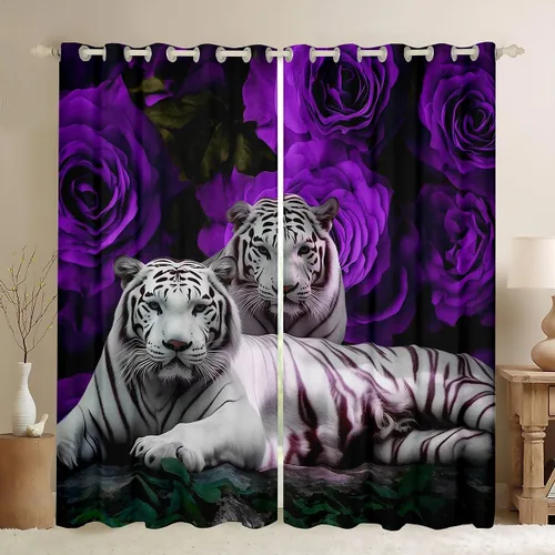 Vista 33 de Erosebridal Cortinas de Rosas Rojas 3D Tratamientos para Ventanas de Guepardo, Paneles de Cortinas con Estampado de Gato Leopardo para Sala