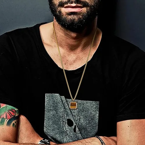 Vista 5 de MEALGUET Collar de acero inoxidable para hombre, piedra natural cuadrada, colgante de ágata de ojo de tigre, collar geométrico minimalista