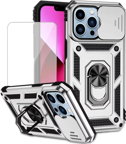 Vista 8 de Funda para iPhone 13 Pro Max de 6.7 pulgadas con protector de pantalla de vidrio templado y cubierta para cámara deslizante, anillo magnético Azul