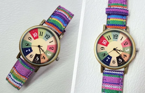 Vista 2 de Relojes para mujer - Boho Hippie para mujer, reloj arcoíris tejido de piel sintética