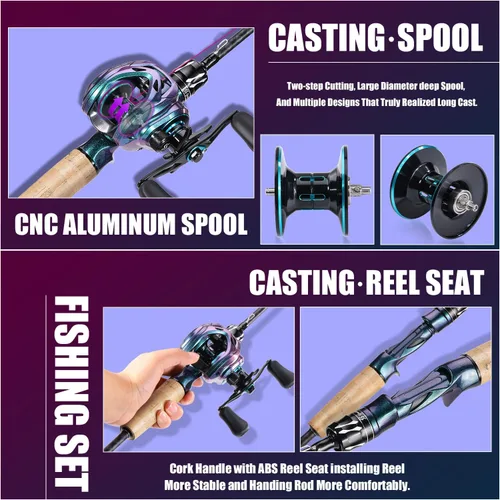Vista 4 de Sougayilang Baitcasting Fishing Rod Reel Combo,2 Pieces Medium Heavy Baitcasting Pole with High Speed Casting Reel Baitcaster Combo