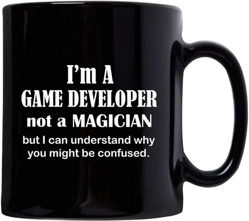 Vista 2 de Im a Game Developer Designer Mug Coffee Tea Cup Black Ceramic 11oz - Not a Magician - Cute Gifts for Video Gaming Design Dev Team Development Funny