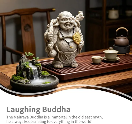 Vista 2 de Cyrank Estatua de Buda riendo, 3.1 pulgadas de resina de Buda feliz estatua de risa Feng Shui Buda escultura decoración para escritorio en casa
