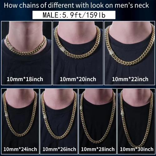 Vista 2 de Cadena de eslabones cubanos Miami de 10/12mm, chapado en oro real de 14 quilates, collar de acero inoxidable de alta calidad, joyería hip-hop