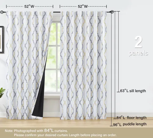 Vista 6 de FMFUNCTEX Cortinas 100% opacas de 84 pulgadas de largo para dormitorio, cortinas con patrón geométrico amarillo gris sobre blanco, cortinas