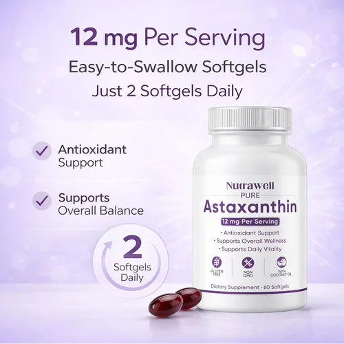 Vista 7 de NutraWell Astaxantina 12 mg, con aceite de coco, suplemento de apoyo antioxidante, sin OMG, sin gluten, 60 cápsulas blandas