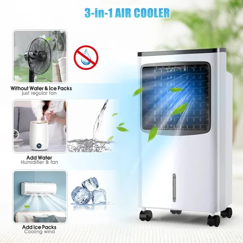 Vista 3 de Enfriador de aire evaporativo 3 en 1, enfriador de aire oscilante ancho con humidificador, control remoto, 2 paquetes de hielo y tanque de agua