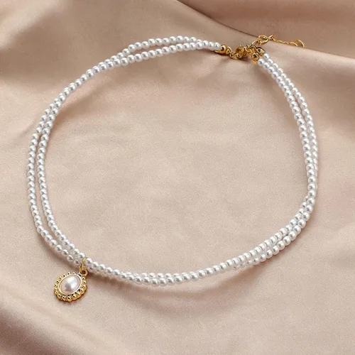 Vista 4 de Aneneiceera Gargantilla de perlas con capas de estilo bohemio, collar de perlas de doble hebra, collar de perlas con colgante de perlas, collar