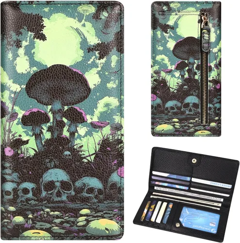 Vista 27 de Billetera para mujer, billetera RFID extradelgada, bolso plegable de cuero, con 11 ranuras para tarjetas y ventana de identificación, lindo monedero