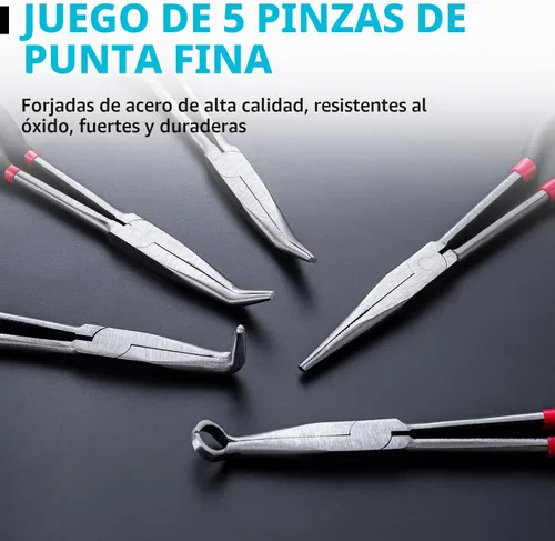 Vista 3 de Juego de 5 alicates de largo alcance, juego de alicates de punta de aguja de 11 pulgadas de largo, rectos, 25, 45, ángulo de 90 grados, alicates