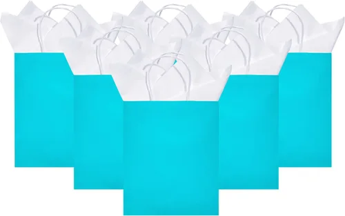 Vista 8 de DjinnGlory Paquete de 24 bolsas de regalo de papel azul turquesa de tamaño mediano con asas de 10 x 8 x 4 pulgadas y 24 papel de seda para Verde