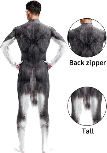Vista 5 de Body completo de animal para hombre, disfraz de elastano musculoso, disfraz peludo con cola grande para adultos, cosplay, fiesta de Halloween