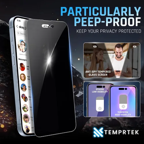 Vista 8 de TEMPRTEK+ 2 Pack para iPhone 14 Pro Protector de Pantalla de Privacidad, Vidrio Templado Antiespía, Resistencia a Rayaduras y Huellas Digitales
