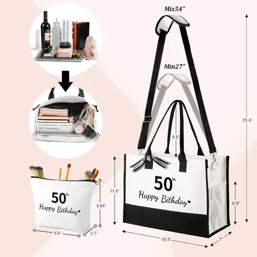 Vista 4 de TRSODD Regalos de cumpleaños para mujer, bolsa de lona con inicial con correa ajustable para el hombro y bolsa de maquillaje, regalos para mamá