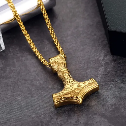 Vista 3 de HORHEAR Collar de Mjolnir con martillo de Thor, collar de cadena de acero inoxidable con colgante de Thor vikingo