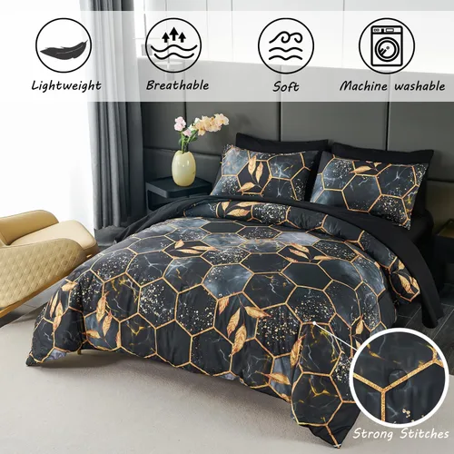 Vista 2 de ZRNBAST - Juego de edredón de nido de abeja negro de tamaño completo de 7 piezas, ropa de cama hexagonal suave y ligera, de mármol para todas