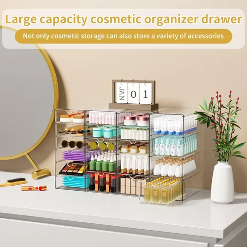 Vista 5 de Organizador de maquillaje acrílico con 20 cajones, juego de 4 cajones de almacenamiento transparentes, organizador de cajones de acrílico
