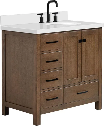Vista 8 de ARIEL Cambridge tocador de baño con fregadero, madera maciza, encimera y protector contra salpicaduras de cuarzo blanco puro de 1.5 pulgadas