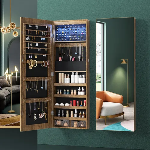 Vista 7 de Lvifur - Armario de joyería con 6 luces LED armario para las joyas montado en la pared o en la puerta con un espejo de longitud completa organizador