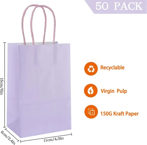 Vista 2 de AZOWA Bolsas de regalo Mini bolsas de papel kraft con asas (6 x 4.3 x 2.4 pulgadas, color morado claro, 50 unidades)