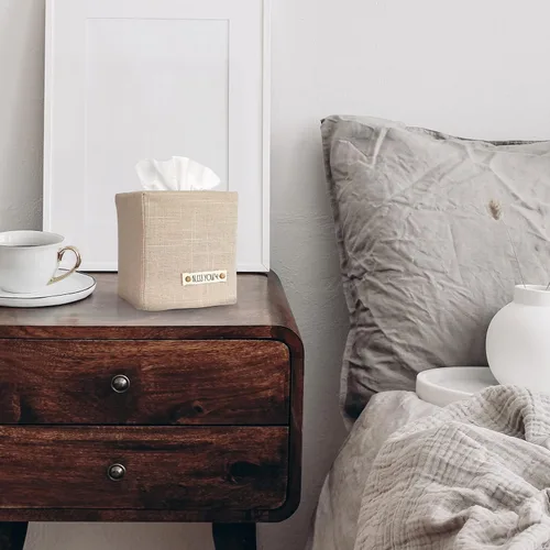 Vista 8 de Elegante funda para caja de pañuelos: este soporte de lino beige cubre instantáneamente tus cajas de pañuelos cuadradas, la cubierta de cubo