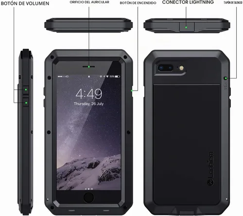 Vista 6 de Lanhiem Funda para iPhone 7 Plus/8 Plus, resistente a los golpes, [Tough Armour], funda de metal con protector de pantalla integrado, funda Negro