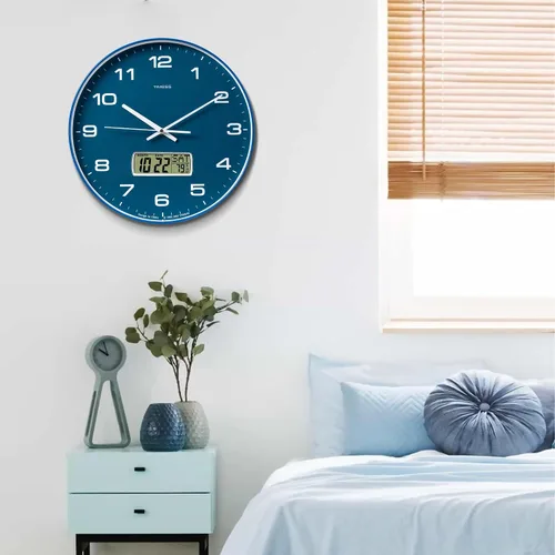 Vista 8 de Reloj de pared TIMESS, de 14" de gran dial, silencioso, sin tictac, funciona con pilas, analógico con pantalla LCD para calendario perpetuo y Azul