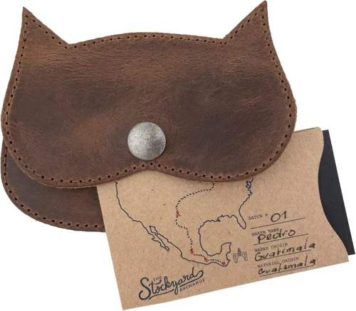 Vista 7 de Hide & Drink, Cartera con forma de gato hecha a mano de cuero de grano completo, Bourbon Marrón, Vintage
