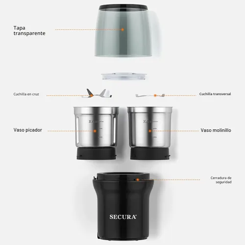 Vista 5 de Secura - Molinillo eléctrico para especias, cuencos duales de acero inoxidable para molienda húmeda y seca, uso múltiple para especias y café Negro