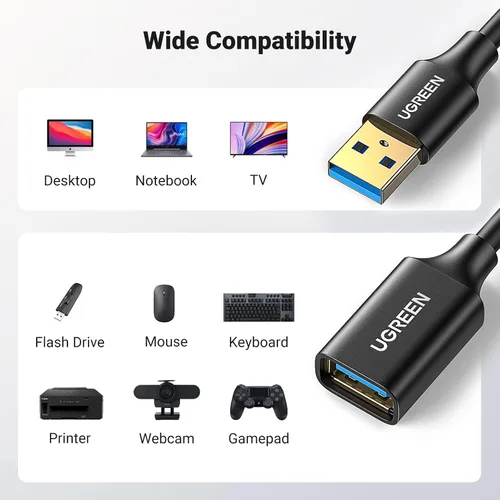 Vista 7 de UGREEN Cable de extensión USB 3.0 USB 3.0 macho A a hembra A 5Gbps compatible con Gamepad unidad flash USB Hub disco duro externo teclado impresora