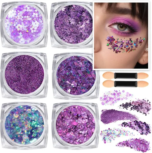 Vista 10 de Teenitor Purpurina para Cara y Cuerpo - Azul, Gel de Purpurina para Cabello, 6 Formas Purpurina de Maquillaje Festival para Cara, Cabello y Cuerpo