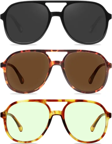 Vista 21 de YDAOWKN Retro Aviator Sunglasses for Womens Mens 70s Double Bridge Sunnies 2 Tintes Negro/Gris+Negro/Amarillo