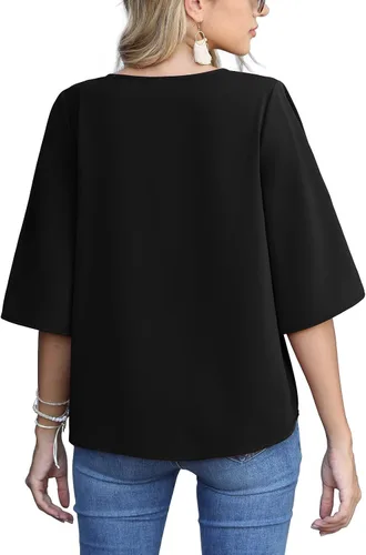 Vista 2 de AWULIFFAN Women's Casual V Neck Batwing Sleeve Tops Tie Front Chiffon Blouses Button Down Shirts