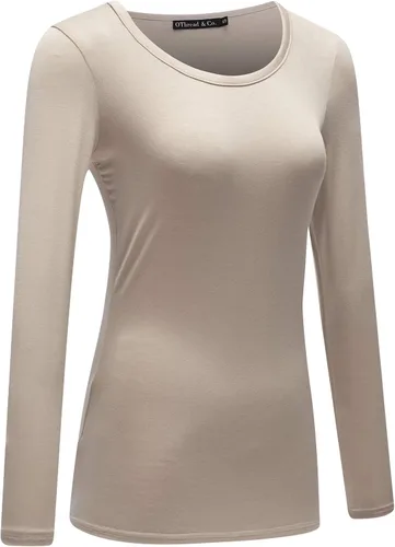Vista 3 de OThread & Co. Camiseta de manga larga con cuello redondo para mujer, capa básica, de elastano