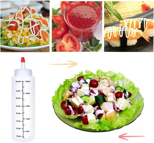 Vista 7 de Baaxxango Paquete de 12 botellas de plástico de 8 onzas líquidas, botella de chorro con tapa de punta roja y escamas negras para salsa de tomate