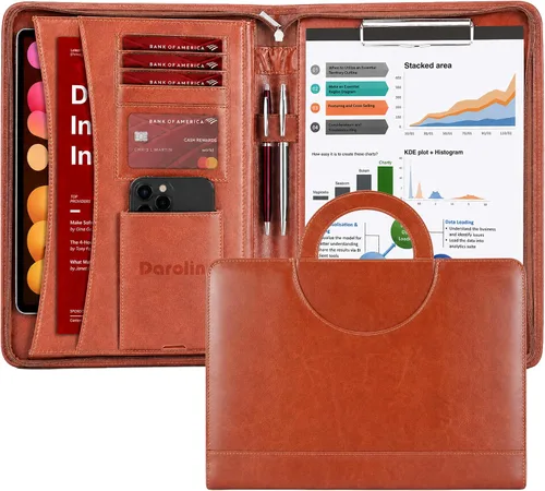 Vista 12 de Cartera Darolin de piel con cremallera, cartera con [asa oculta] y [portapapeles], cartera para conferencias de negocios, carpeta para bloc